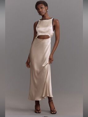 *EUC* Anthropologie Satin Sleeveless Midi Dress Champaign w/ Black Trim